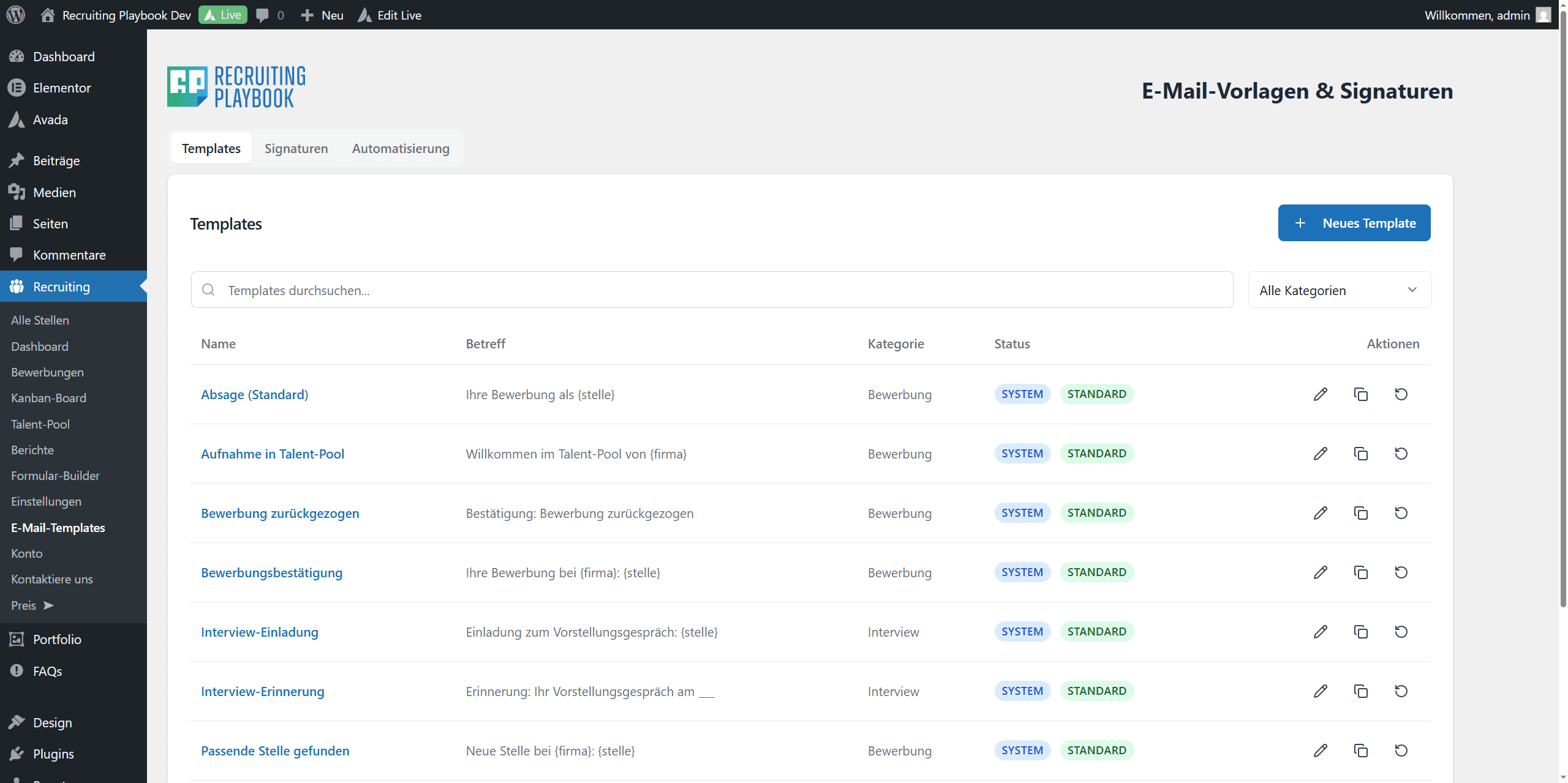 E-Mail Templates Verwaltung