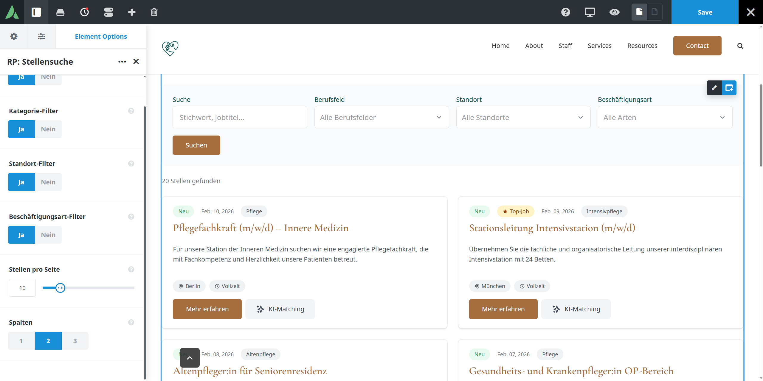 Live Builder mit RP: Stellensuche und Element Options