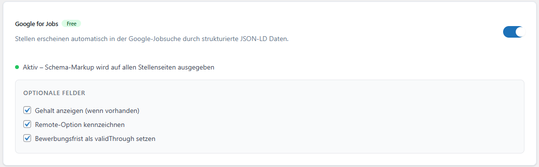 Google for Jobs Einstellungen im Integrationen-Tab