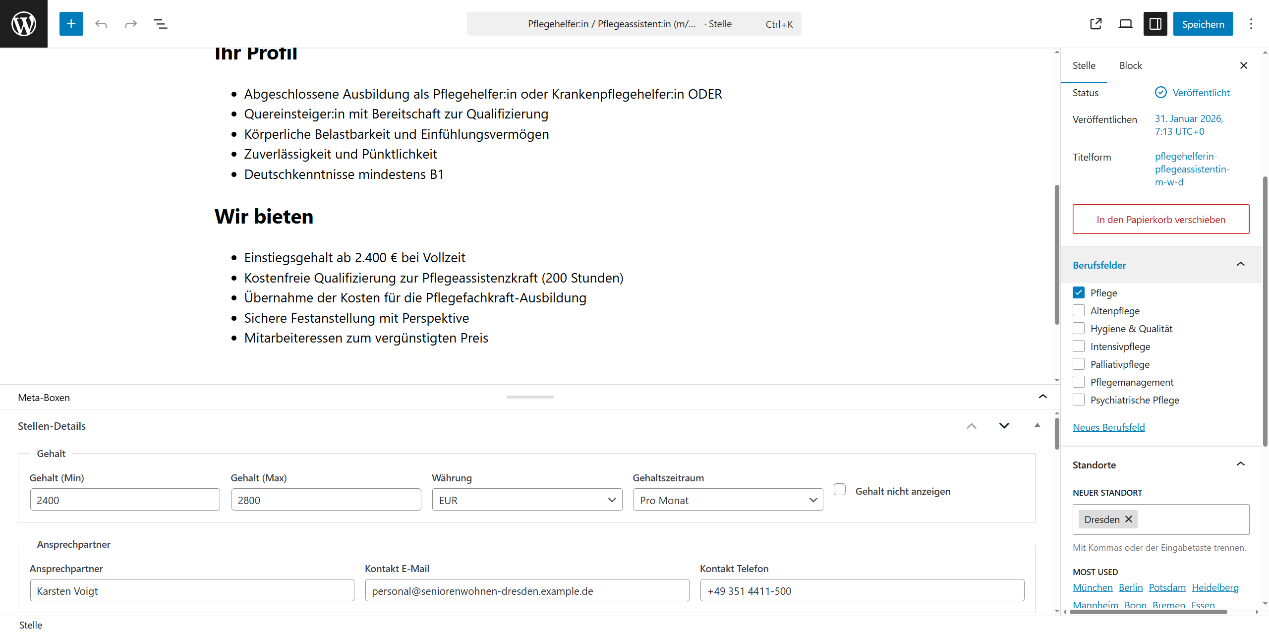 Stellen-Editor mit Meta-Boxen und Taxonomien