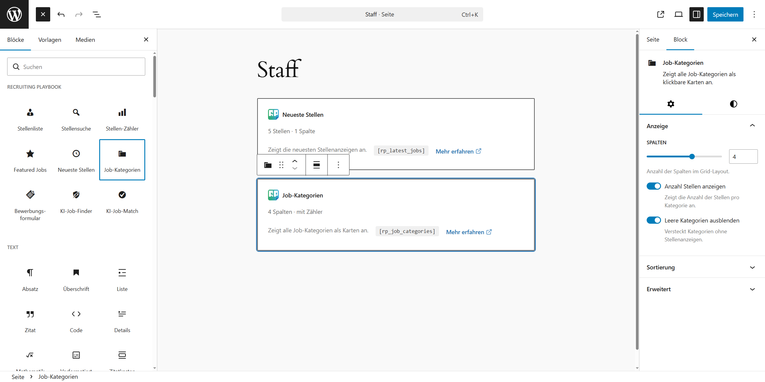 Block-Inserter mit allen Recruiting Playbook Blöcken und Sidebar-Einstellungen